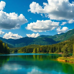 A colorful and vibrant image of a scenic landscape featuring a serene lake surrounded by lush green trees and mountains in the background under a clear blue sky with fluffy white clouds