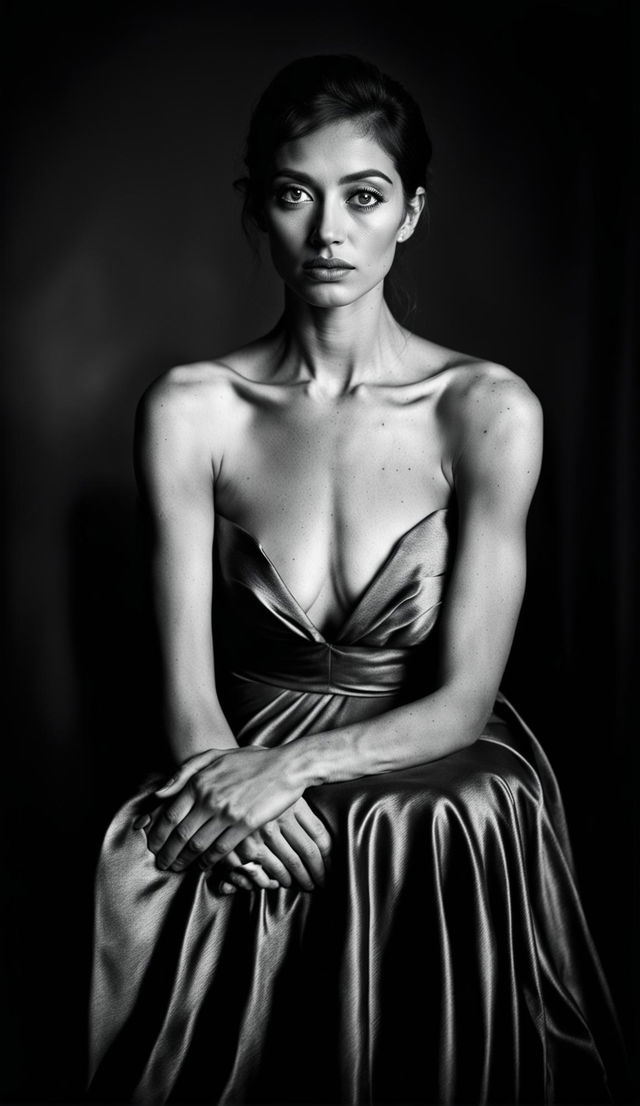 A Yousuf Karsh style black and white photograph of a beautiful actress battling depression and body dysmorphia. She's dressed in an elegant gown that seems to weigh heavily on her. Her eyes reveal strength and vulnerability while the dramatic lighting highlights her internal struggle.