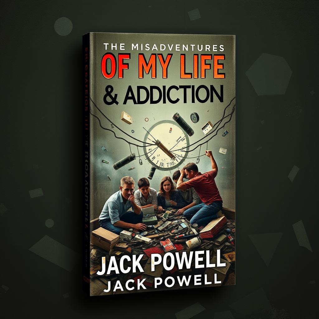 Create a book cover for a biography titled 'The Misadventures of My Life & Addiction' by Jack Powell