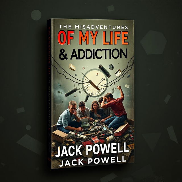 Create a book cover for a biography titled 'The Misadventures of My Life & Addiction' by Jack Powell