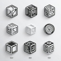 Create four distinct, 3D line-art icons, illustrated in a striking black and white color palette. Capture intricate details to demonstrate creativity and technical skill.