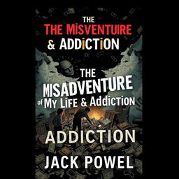 Create a book cover for a biography titled 'The Misadventures of My Life & Addiction' by Jack Powell