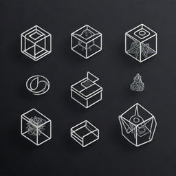Create four distinct, 3D line-art icons, illustrated in a striking black and white color palette. Capture intricate details to demonstrate creativity and technical skill.