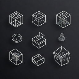 Create four distinct, 3D line-art icons, illustrated in a striking black and white color palette. Capture intricate details to demonstrate creativity and technical skill.