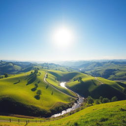 A beautiful landscape with rolling hills, a clear blue sky, and a bright sun shining down