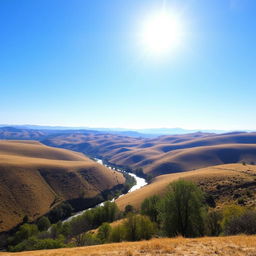 A beautiful landscape with rolling hills, a clear blue sky, and a bright sun shining down