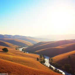 A beautiful landscape with rolling hills, a clear blue sky, and a bright sun shining down