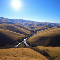 A beautiful landscape with rolling hills, a clear blue sky, and a bright sun shining down