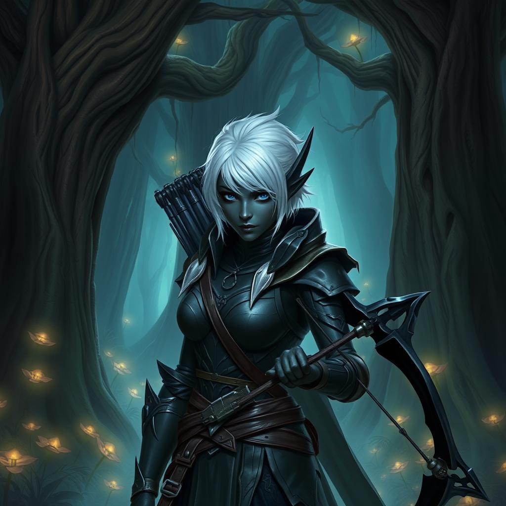 A female Drow elf with black skin, short white hair, and blue eyes