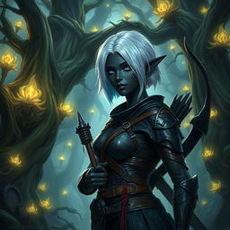 A female Drow elf with black skin, short white hair, and blue eyes