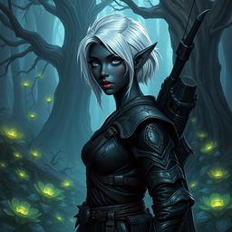 A female Drow elf with black skin, short white hair, and blue eyes