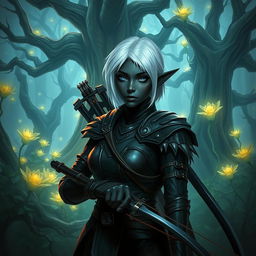 A female Drow elf with black skin, short white hair, and blue eyes