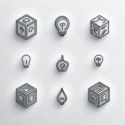 Create four distinct, 3D line-art icons, illustrated in a striking black and white color palette. Capture intricate details to demonstrate creativity and technical skill.