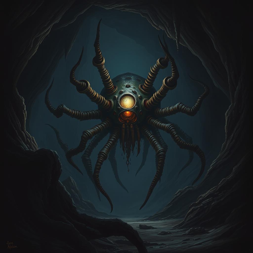 A single beholder in a dark, eerie cave