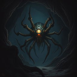 A single beholder in a dark, eerie cave