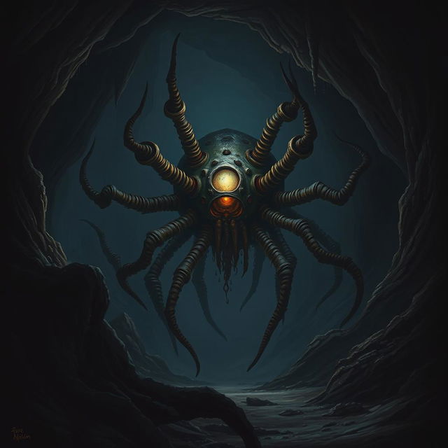 A single beholder in a dark, eerie cave