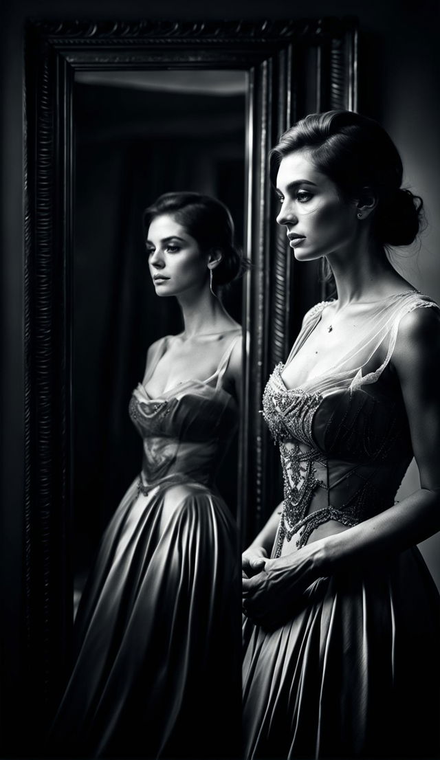 A Yousuf Karsh style black and white photograph of a beautiful actress battling depression and body dysmorphia, looking away from an elegant framed mirror. Her eyes reveal strength and vulnerability while the dramatic lighting highlights her internal struggle.