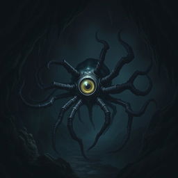 A single beholder in a dark, eerie cave