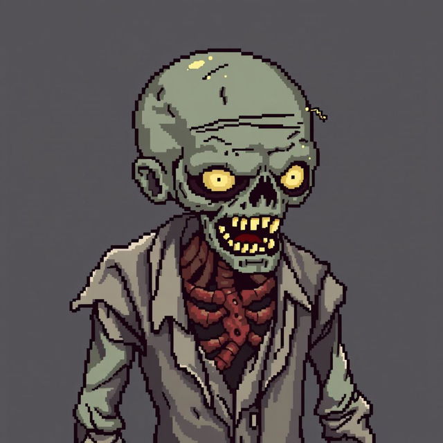 A detailed depiction of a zombie created using the pixel art squares technique