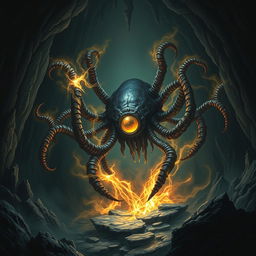 A single beholder in a dark, eerie cave, casting a powerful magical spell