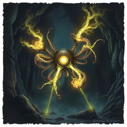 A single beholder in a dark, eerie cave, casting a powerful magical spell