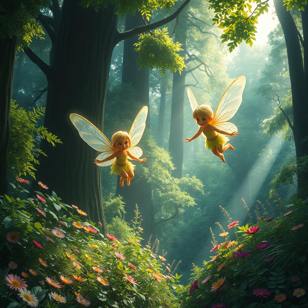 Two pixies flying gracefully in a lush, enchanted forest