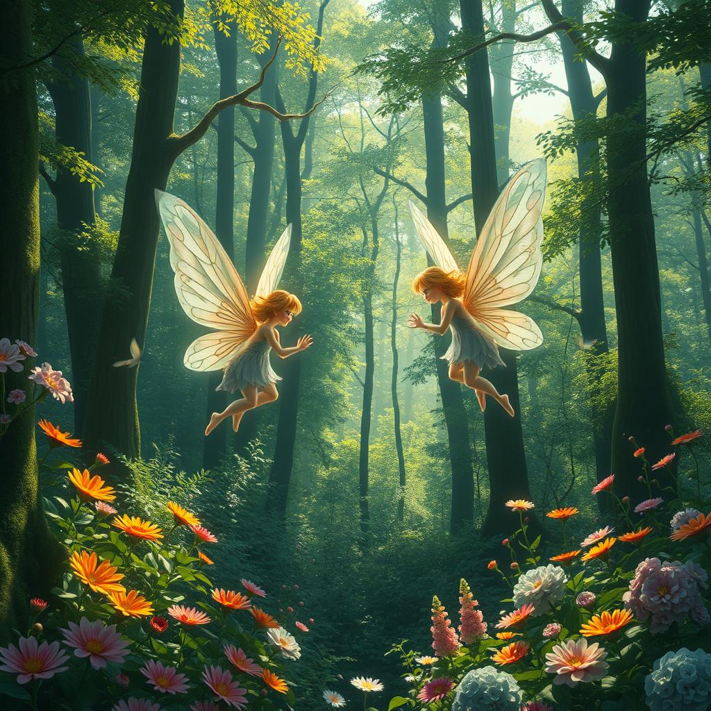 Two pixies flying gracefully in a lush, enchanted forest