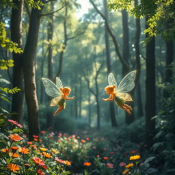 Two pixies flying gracefully in a lush, enchanted forest