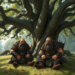 Two duergars sitting under a large, ancient tree in a quiet, secluded area