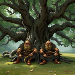 Two duergars sitting under a large, ancient tree in a quiet, secluded area