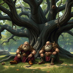 Two duergars sitting under a large, ancient tree in a quiet, secluded area