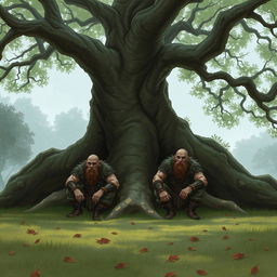 Two duergars sitting under a large, ancient tree in a quiet, secluded area