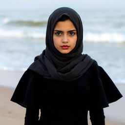 An Arab girl with a serious face, wearing a hijab and a very tight black dress that shapes her body, standing on a beach