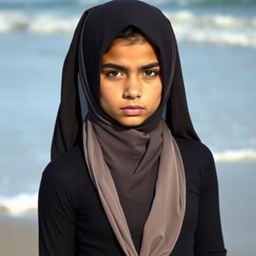 An Arab girl with a serious face, wearing a hijab and a very tight black dress that shapes her body, standing on a beach