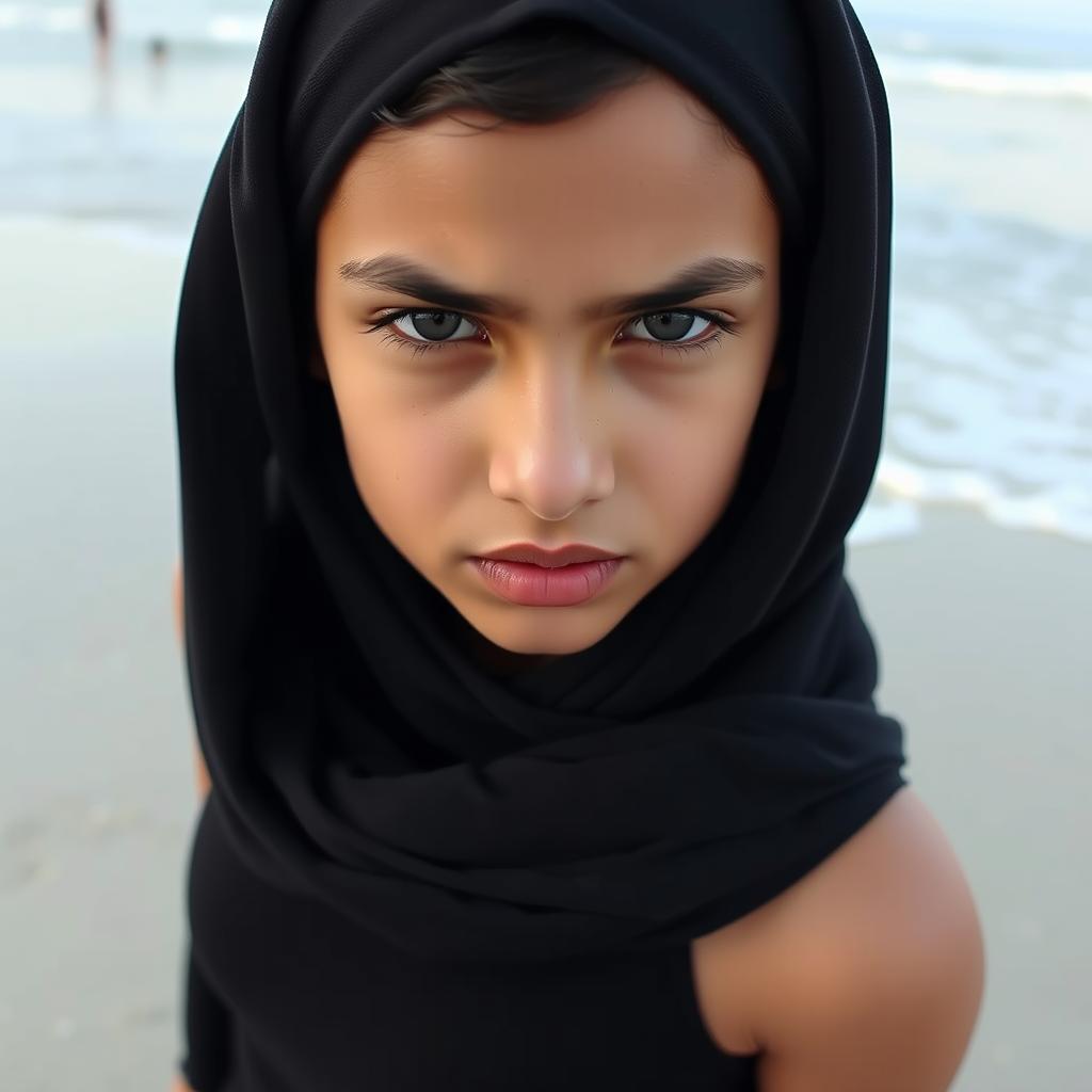 An Arab girl with a serious face, wearing a hijab and a very tight black dress that shapes her body, standing on a beach