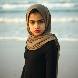 An Arab girl with a serious face, wearing a hijab and a very tight black dress that shapes her body, standing on a beach