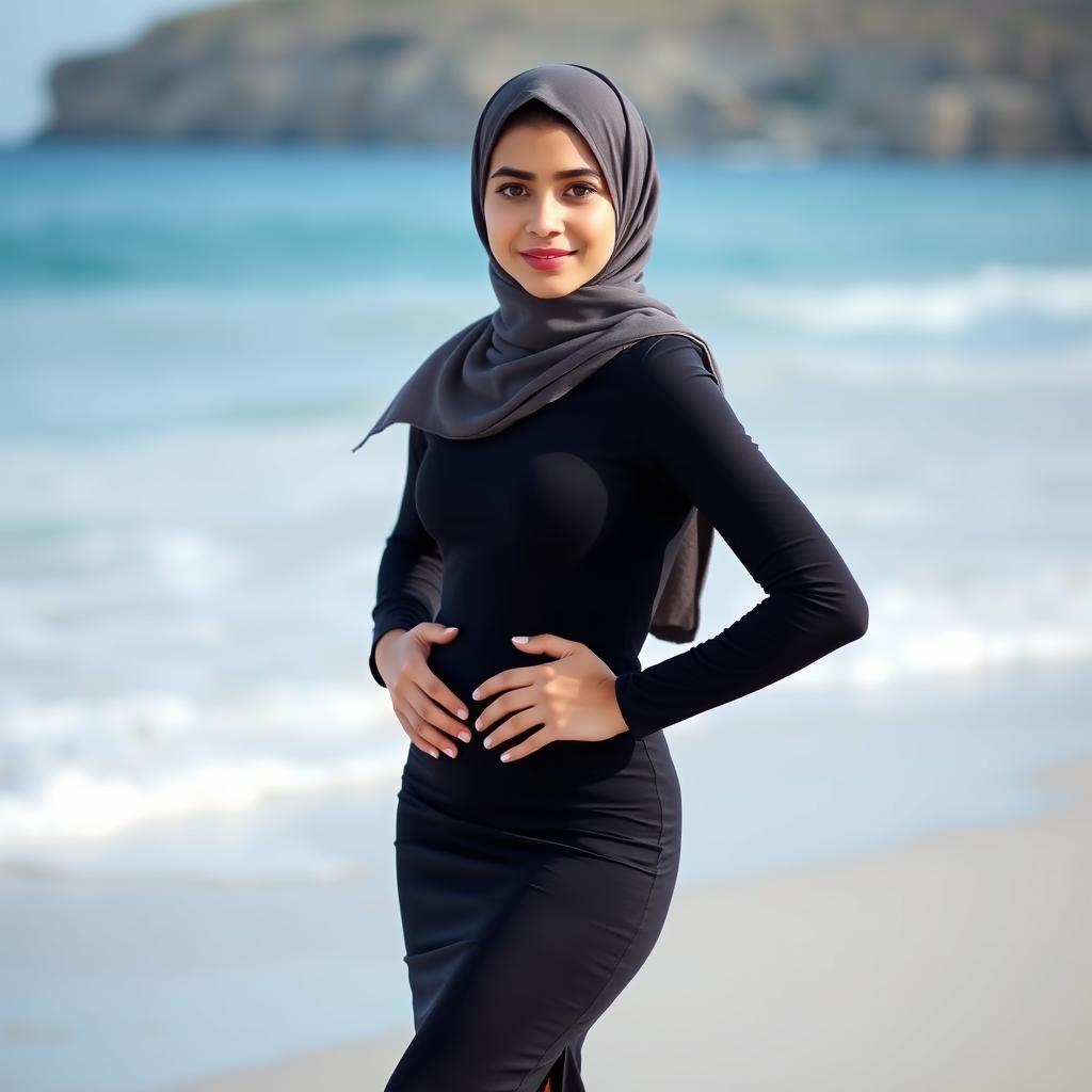 An Arab girl with a soft smile, wearing a hijab and a very tight black dress that shapes her body, standing on a beach with her hands on her waist