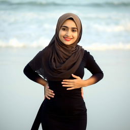 An Arab girl with a soft smile, wearing a hijab and a very tight black dress that shapes her body, standing on a beach with her hands on her waist