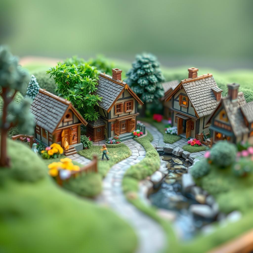 Create a miniature scene featuring a cozy village with small houses, lush greenery, and tiny characters going about their day