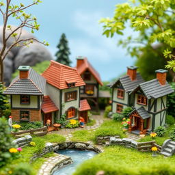 Create a miniature scene featuring a cozy village with small houses, lush greenery, and tiny characters going about their day