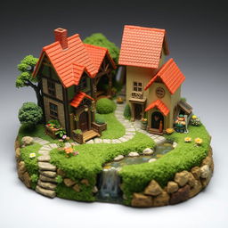 Create a miniature scene featuring a cozy village with small houses, lush greenery, and tiny characters going about their day