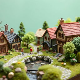 Create a miniature scene featuring a cozy village with small houses, lush greenery, and tiny characters going about their day