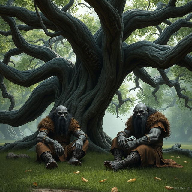 Two dark-skinned duergars sitting under a large, ancient tree in a quiet, secluded area