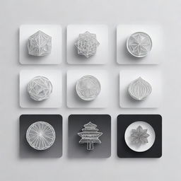 Generate four icons as 3D line-art illustrations in a black and white palette. The designs should be sophisticated, capturing intricate details with a profound sense of creativity and precision