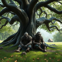 Two dark-skinned duergars sitting under a large, ancient tree in a quiet, secluded area