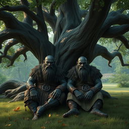 Two dark-skinned duergars sitting under a large, ancient tree in a quiet, secluded area