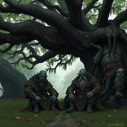 Two dark-skinned duergars sitting under a large, ancient tree in a quiet, secluded area