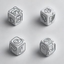 Generate four icons as 3D line-art illustrations in a black and white palette. The designs should be sophisticated, capturing intricate details with a profound sense of creativity and precision