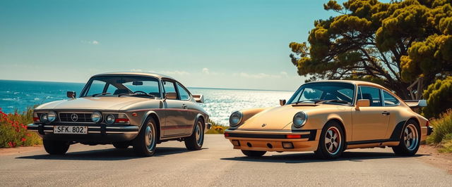 A vivid image of a Saab 900 meeting a Porsche 911 on a coastal road during a sunny day, showcasing their unique designs against a picturesque ocean backdrop