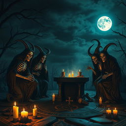 Four liches performing a dark and mysterious ritual outside under the night sky, with a full moon visible